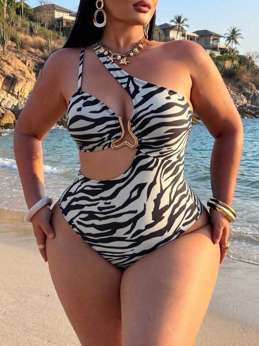 Multicolor Asymmetrical zebra One-Shoulder Women's Plus-Size Cutout Swimsuit - Picture 5 of 6